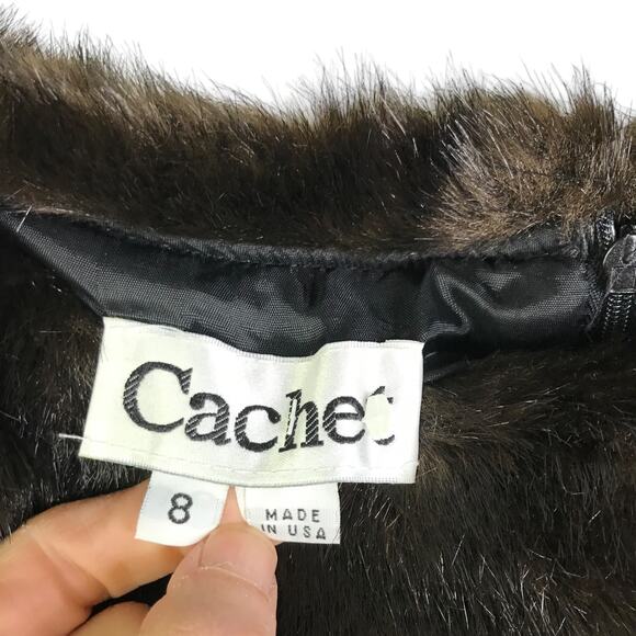 Cachet Dress Women 8 Vintage 80s Maxi Black Faux Fur Stretch Velvet Long Sleeve - Picture 2 of 10